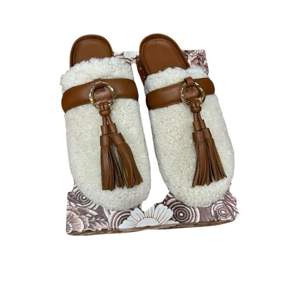 Revolve Ulla Johnson Ruby Shearling Leather Tassel Slide Mules in Cream Brown - Picture 9 of 10